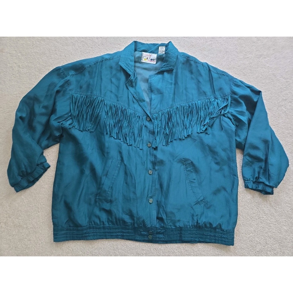 VINTAGE 100% Bomber Jacket Top Fringe Women 1X Green Button Up Lady CA Sport '80